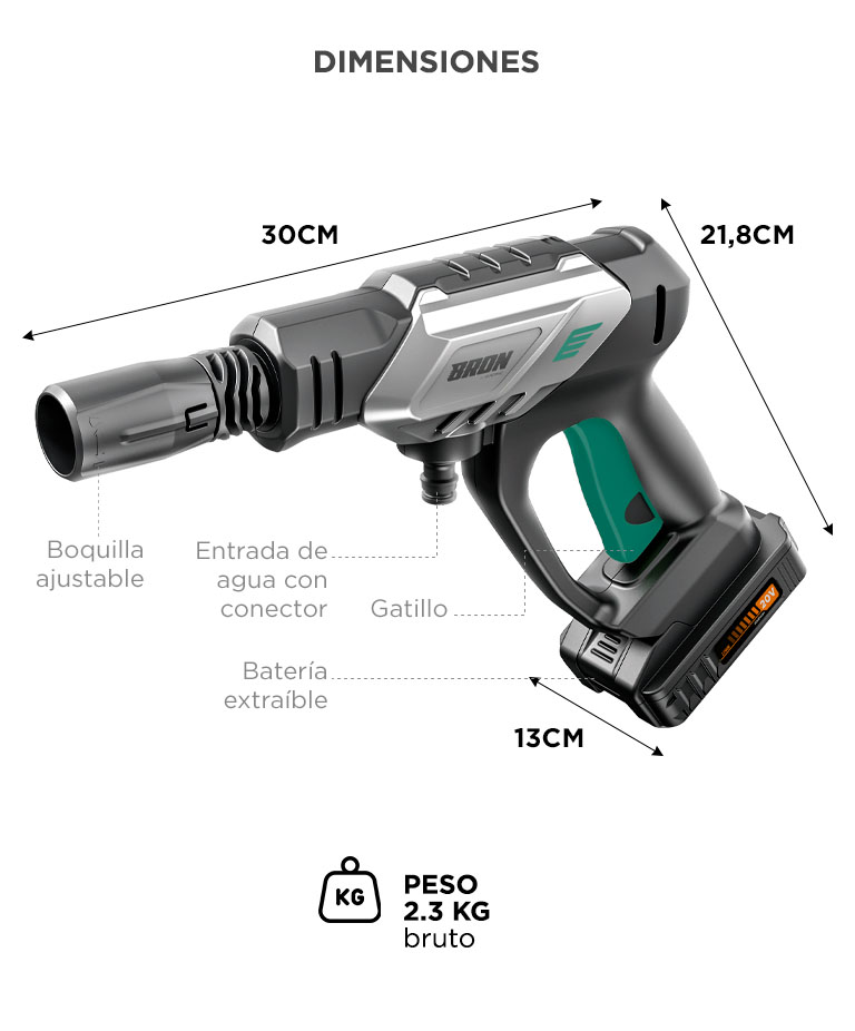 Pistola Hidrolavadora Bron by Gadnic 200W 20V 25 bar 362 PSI IPX5 Alta Presion Electrica Portatil - Imagen 4