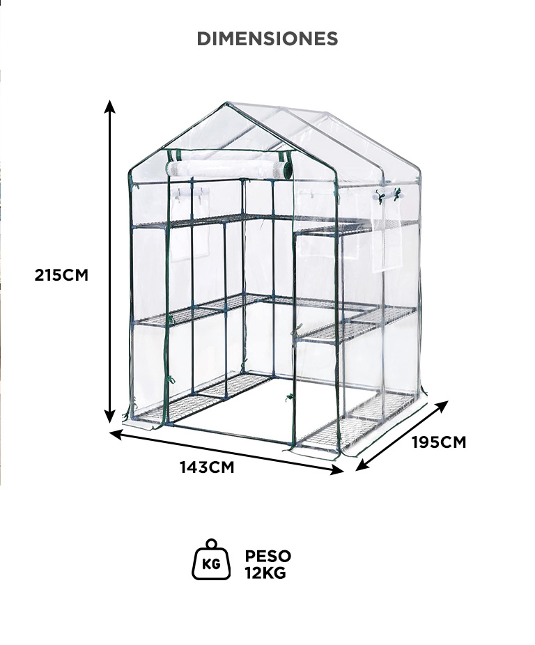 Invernadero Gadnic 12 Estantes Estructura Acero Cobertura PVC UV Indoor Outdoor Puerta Enrollable 215x143x195cm Cultivo - Imagen 6