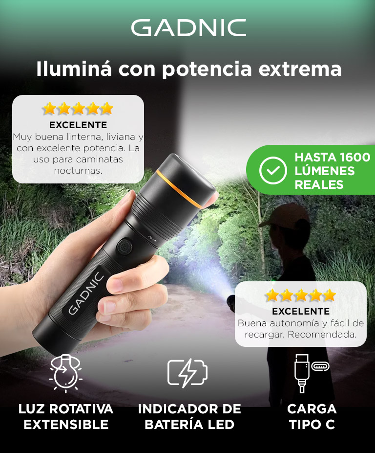 Linterna Led Recargable Gadnic 1600lm Alta Potencia - Imagen 2