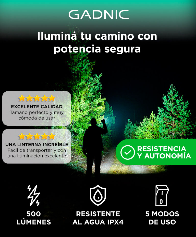 Linterna Gadnic 500 Lumenes Recargable LED OSRAM P8 Bateria 2200 mAh Aluminio IPX4 Con Carga USB - Imagen 2