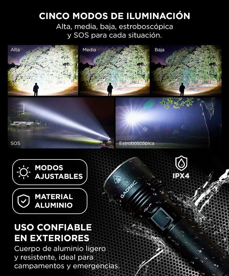 Linterna Gadnic 500 Lumenes Recargable LED OSRAM P8 Bateria 2200 mAh Aluminio IPX4 Con Carga USB - Imagen 3