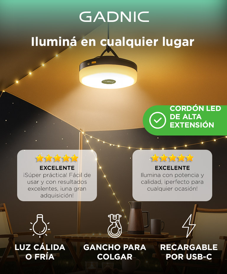 Luz LED Tira Gadnic BT PL4086 Camping Recargable USB C 200 Lumenes IP44 Bateria 1800 mAh - Imagen 2