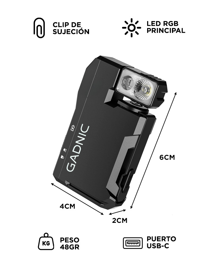 Linterna Recargable Gadnic CS Q001 Compacta RGB 6500K 2W USB C Clip - Imagen 6