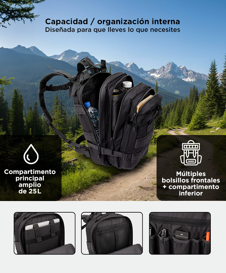 Kit Tactico Mochila Militar 25L + Linterna Recargable 5 Modos - Imagen 4