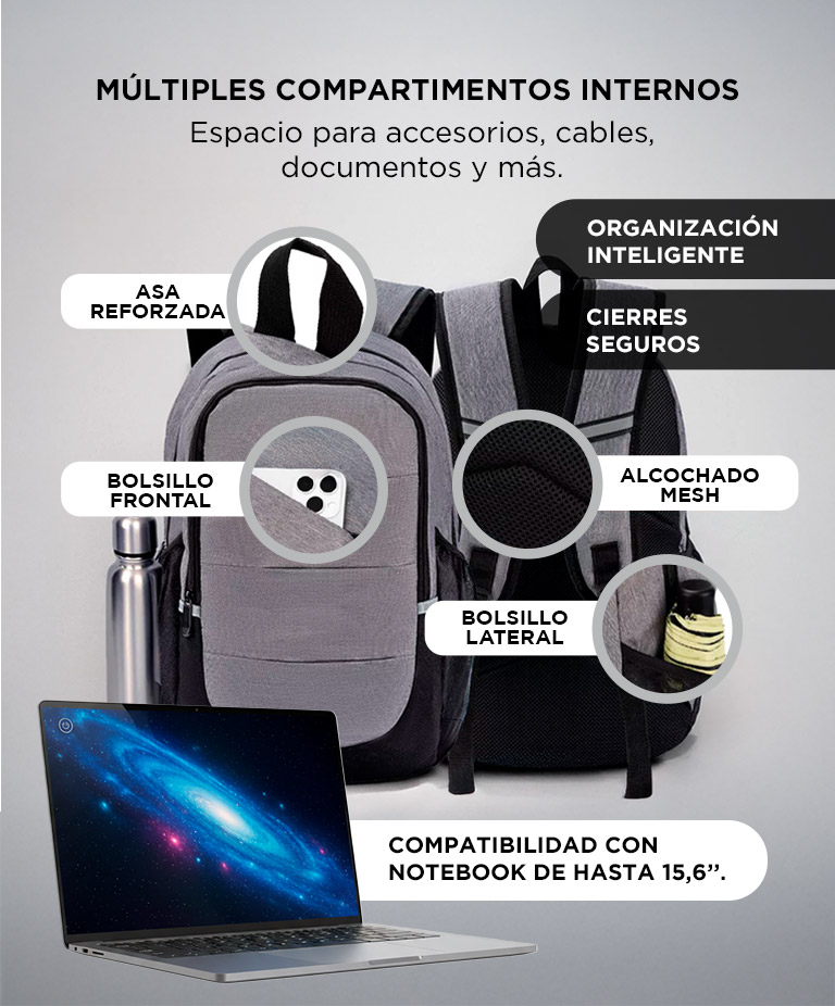 Mochila Pro South Port Para Notebook 15.6 Pulgadas Impermeable 20L Gris - Imagen 4