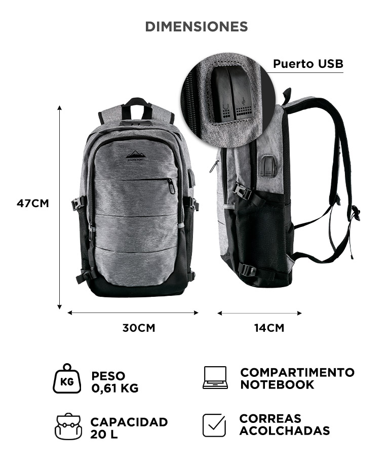 Mochila Pro South Port Para Notebook 15.6 Pulgadas Impermeable 20L Gris - Imagen 6