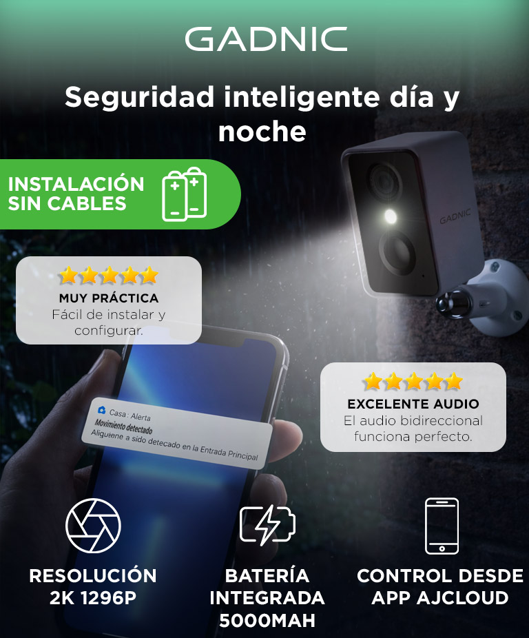 Camara Seguridad Gadnic Wifi Bateria Recargable 3MP Super HD Gran Angular Exterior Vision Nocturna Audio Bidireccional - Imagen 2