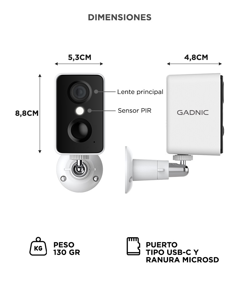 Camara Seguridad Gadnic Wifi Bateria Recargable 3MP Super HD Gran Angular Exterior Vision Nocturna Audio Bidireccional - Imagen 6