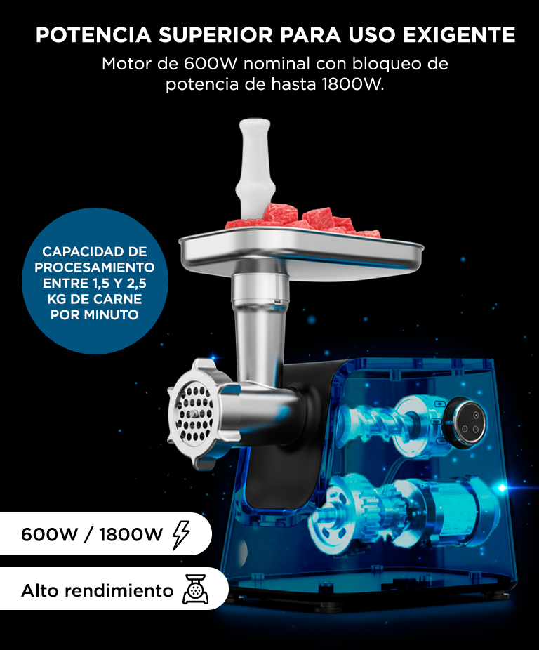 Picadora De Carne Electrica Cuk By Gadnic Titanium 600W 1800W Max Funcion Reversa 2 Discos De Picado Produccion 2 5kg Min - Imagen 3