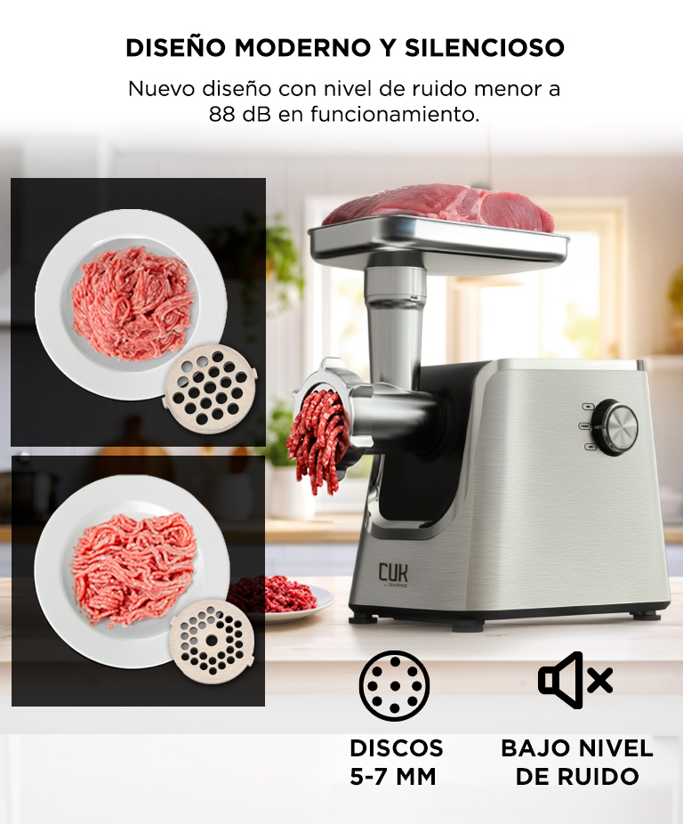 Picadora De Carne Electrica Cuk By Gadnic Titanium 600W 1800W Max Funcion Reversa 2 Discos De Picado Produccion 2 5kg Min - Imagen 5