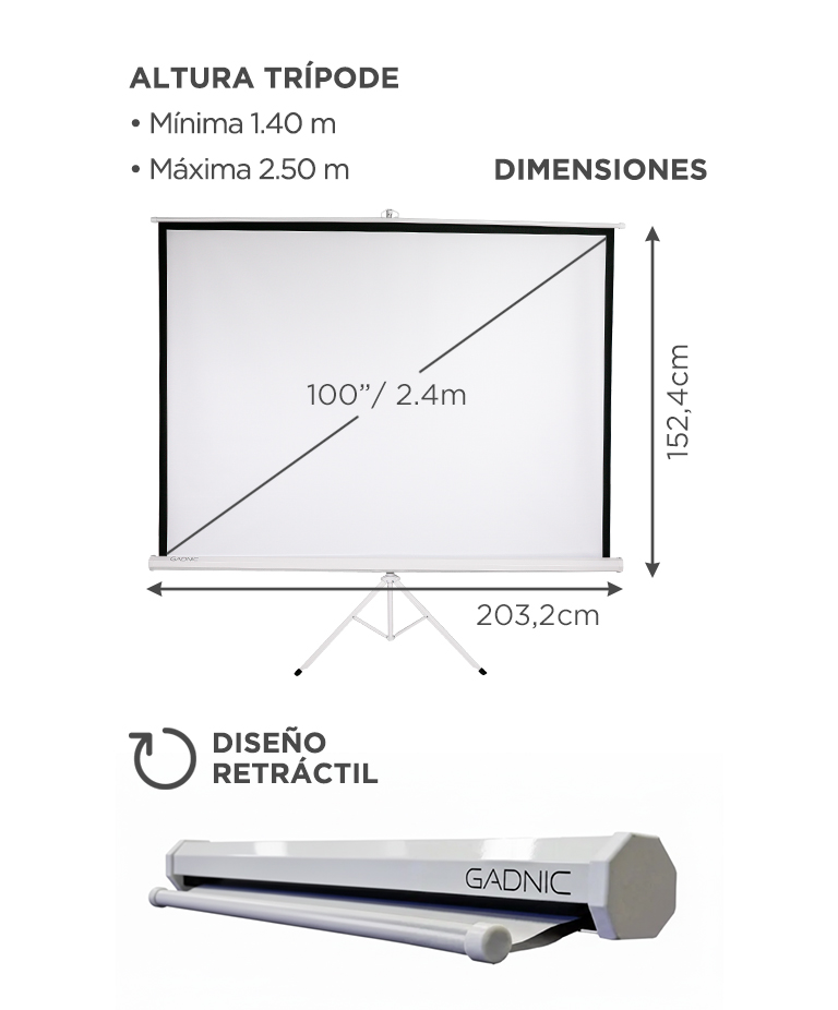 Pantalla Para Proyector Gadnic 100 Pulgadas Tripode 160 Grados Retractil Auto Lock Alta Estabilidad - Imagen 5