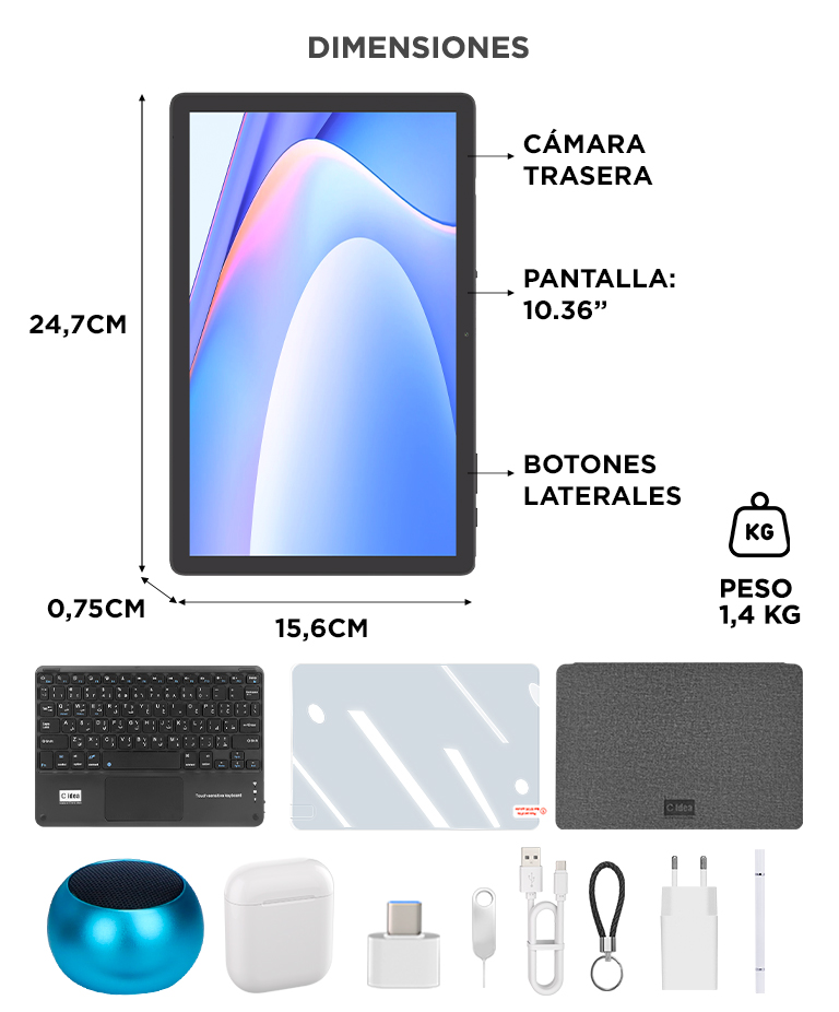 Tablet Gadnic 1036 Pulgadas 2K RAM 4GB Almacenamiento 64GB Android 10 Qualcomm Snapdragon 615 WiFi Bluetooth USB C Teclado Accesorios - Imagen 7