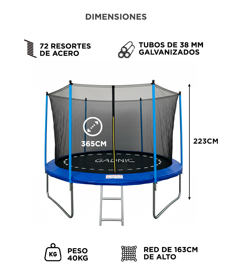Cama Elástica Gadnic 365cm 12 ft Trampolin Con Red de Seguridad Y Escalera Estructura Acero - Imagen 6