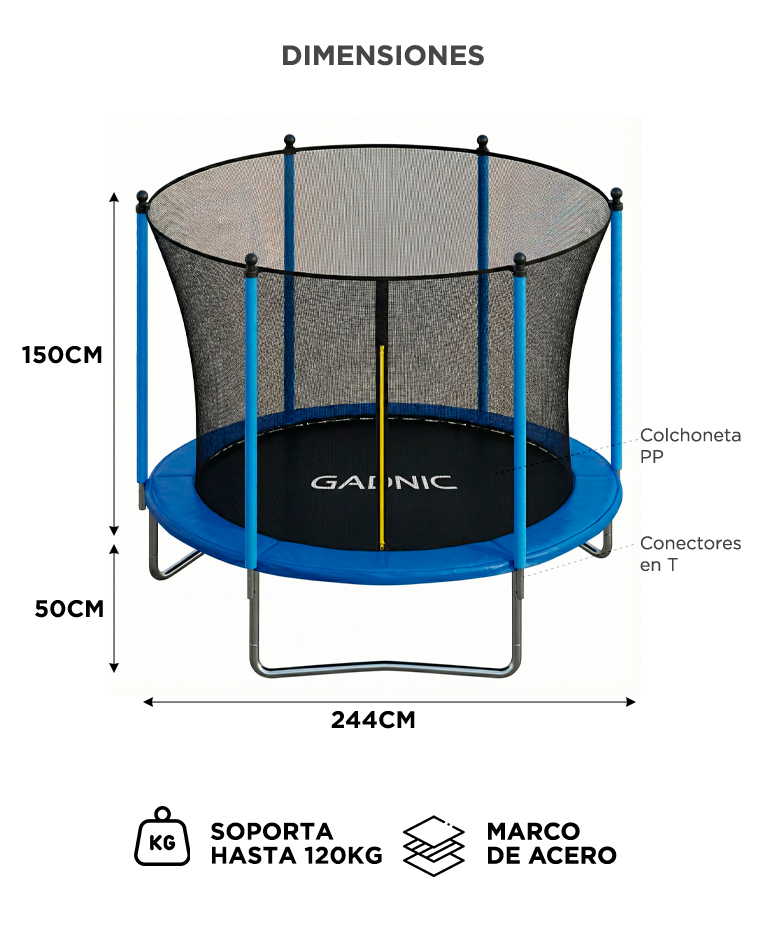 Cama Elástica Gadnic 244 cm 8 ft Trampolin Con Red De Protección Estructura Acero - Imagen 6