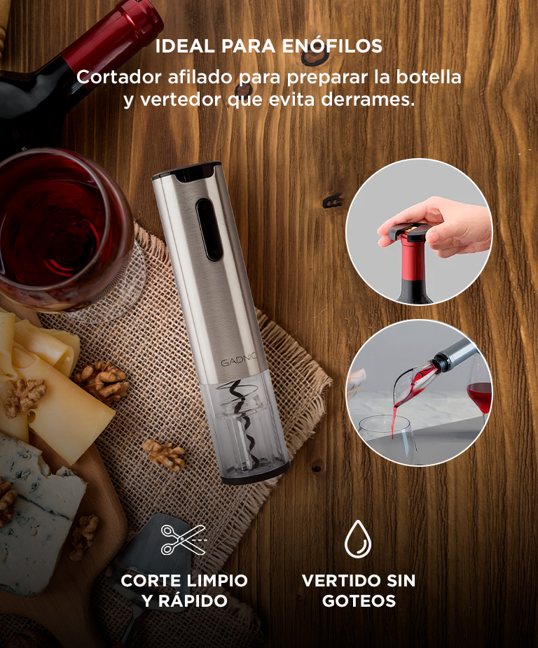 Set Para Vino Profesional Gadnic Abridor Eléctrico + Vertedor + Cortador Precinto + Tapón + Bomba De Vacío - Imagen 4