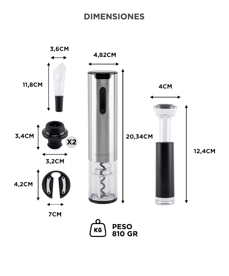Set Para Vino Profesional Gadnic Abridor Eléctrico + Vertedor + Cortador Precinto + Tapón + Bomba De Vacío - Imagen 6