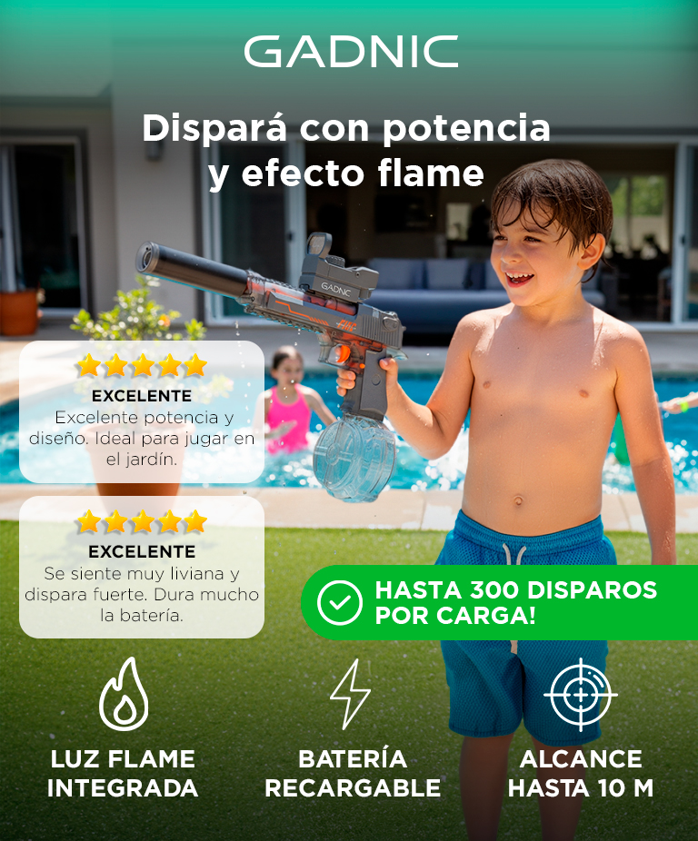 Pistola De Agua Automatica Gadnic Recargable LED Alcance 10 Metros Tanque 500 ml Bateria 500 mAh - Imagen 2