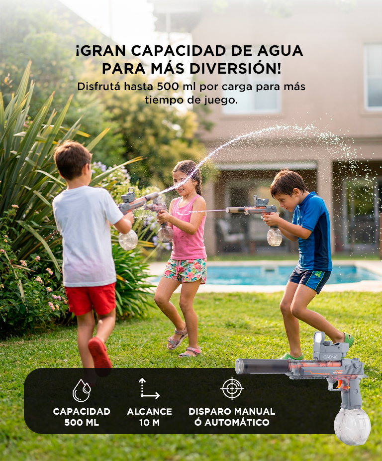 Pistola De Agua Automatica Gadnic Recargable LED Alcance 10 Metros Tanque 500 ml Bateria 500 mAh - Imagen 4