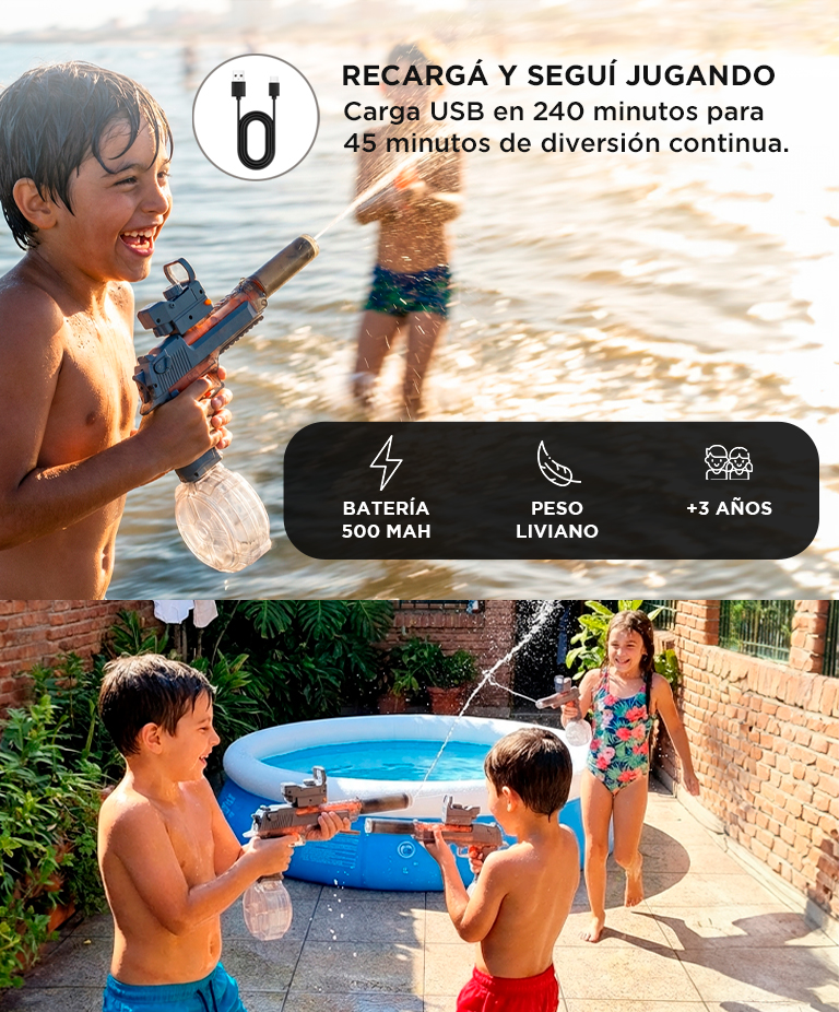 Pistola De Agua Automatica Gadnic Recargable LED Alcance 10 Metros Tanque 500 ml Bateria 500 mAh - Imagen 5