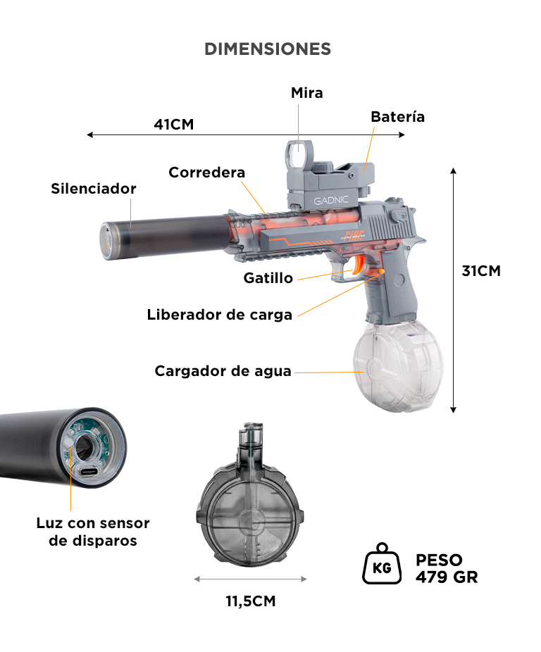 Pistola De Agua Automatica Gadnic Recargable LED Alcance 10 Metros Tanque 500 ml Bateria 500 mAh - Imagen 6