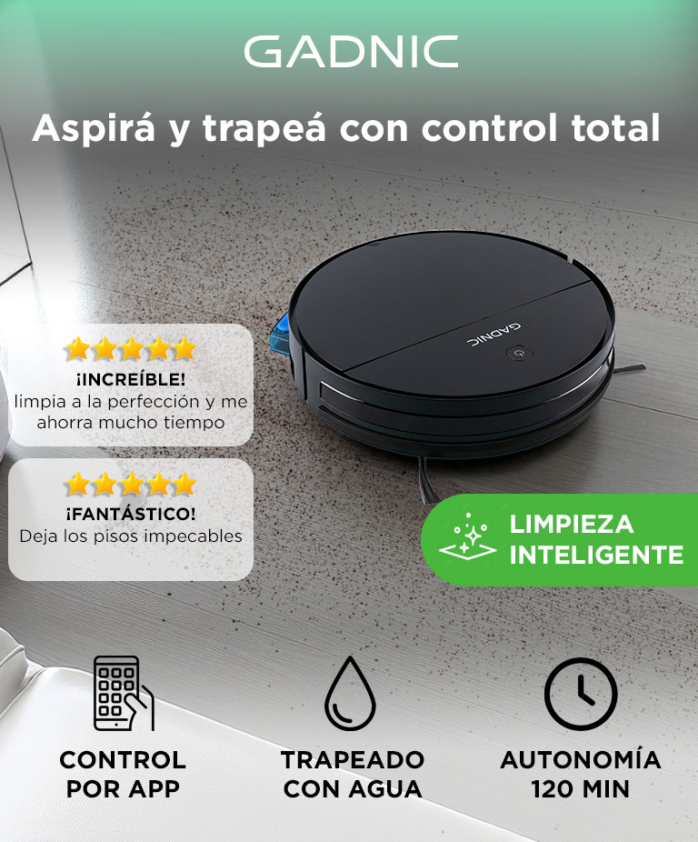 Aspiradora Robot Gadnic 3 Modos Automática Control Remoto App Mopa Tanque de Agua 150 ml Filtro Lavable Programación Auto-Recarga - Imagen 2
