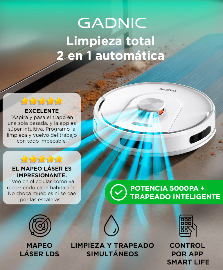 Aspiradora Robot Gadnic 5000Pa Navegacion LDS Laser 3D Trapeado App Tuya Autonomia 200 Min - Imagen 2