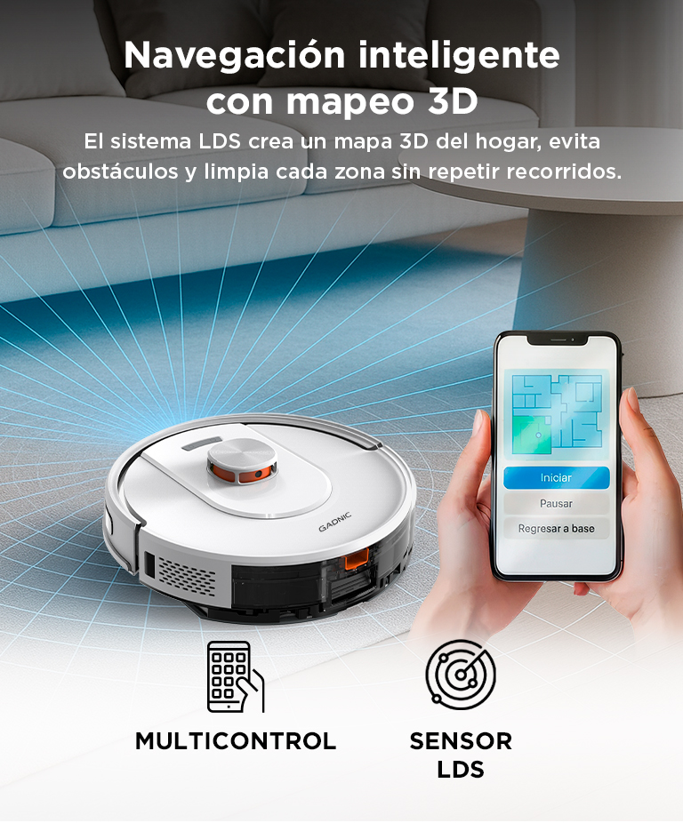 Aspiradora Robot Gadnic 5000Pa Navegacion LDS Laser 3D Trapeado App Tuya Autonomia 200 Min - Imagen 3