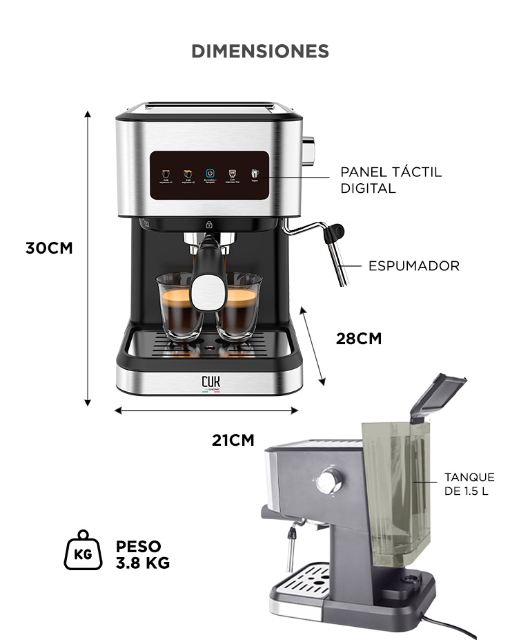 Cafetera Express Gadnic Cm3000 3 en 1 20 Bares Panel Táctil Vaporizador Depósito 15L Acero Inoxidable - Imagen 6
