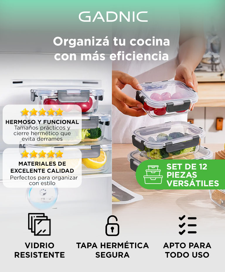 Set x12 Contenedor Hermético De Vidrio Gadnic Apto Microondas Horno Freezer Heladera Tupper Lucheras - Imagen 2