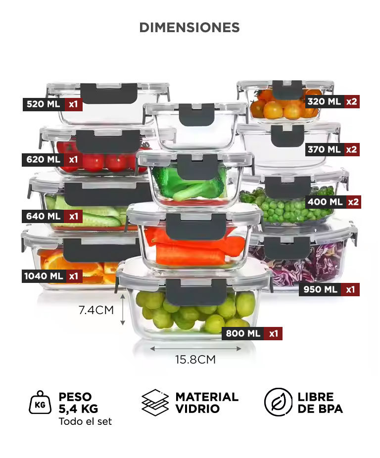 Set x12 Contenedor Hermético De Vidrio Gadnic Apto Microondas Horno Freezer Heladera Tupper Lucheras - Imagen 4