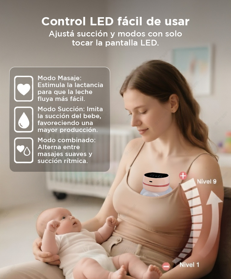 Sacaleche Electrico Mawe By Gadnic Portatil 9 Niveles 3 Modos Bateria 800mAh Pantalla LED Succion 300mmHg - Imagen 3