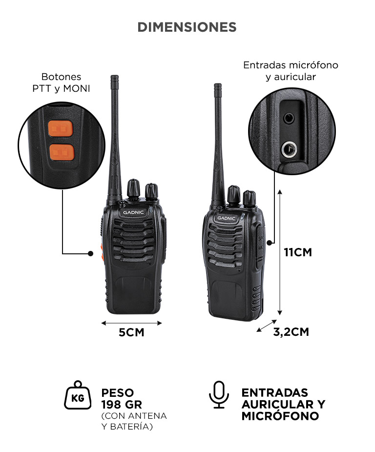 Handy Gadnic WK99U 5W 16 Canales UHF Hasta 1km Manos Libres Walkie Talkie - Imagen 6