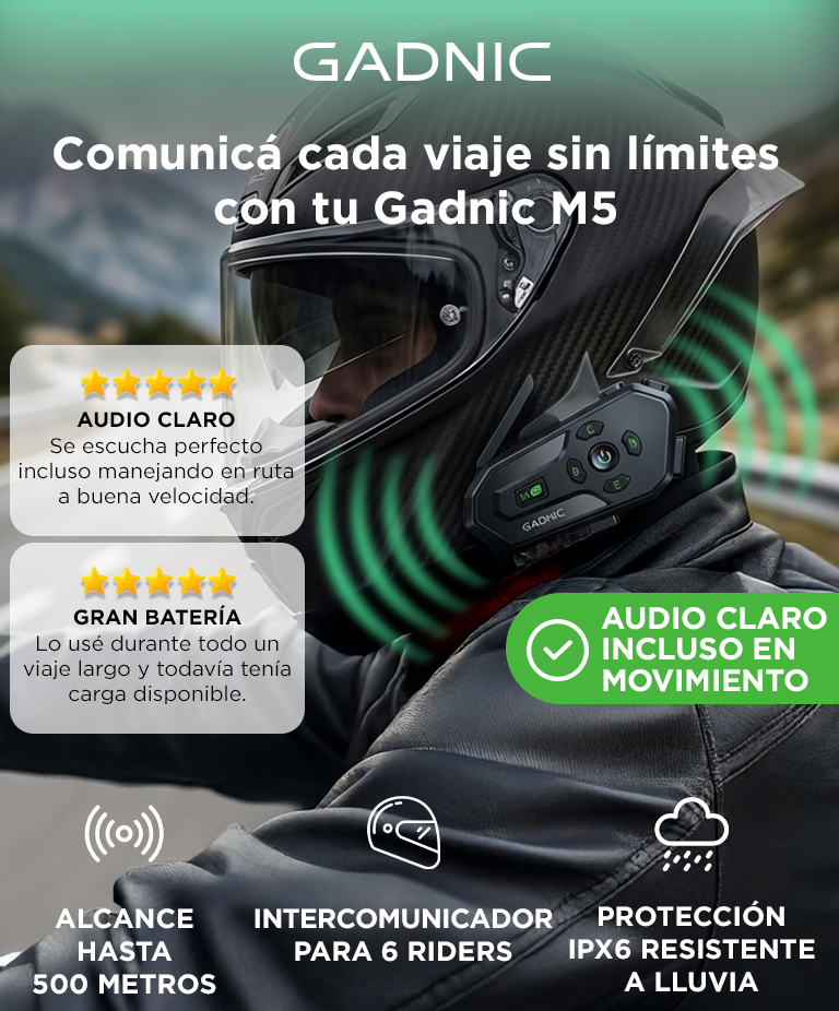 Intercomunicador Para Moto Gadnic BT Para 6 Riders IPX6 Casco Hasta 500M - Imagen 2