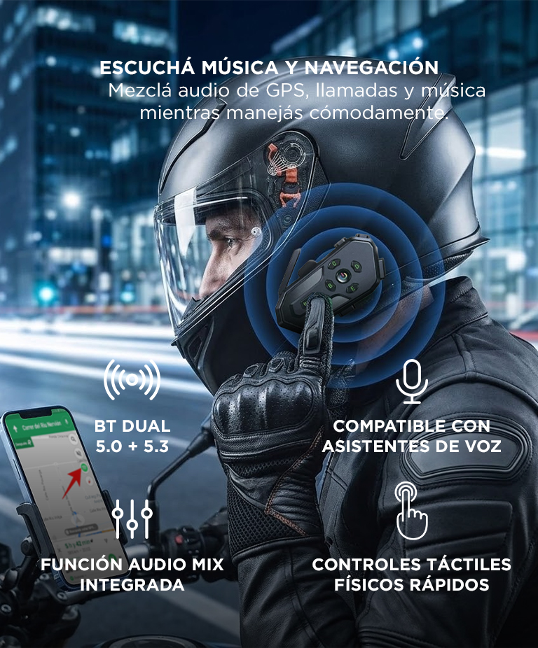 Intercomunicador Para Moto Gadnic BT Para 6 Riders IPX6 Casco Hasta 500M - Imagen 3