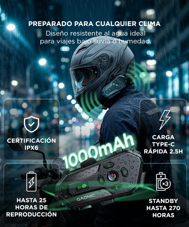 Intercomunicador Para Moto Gadnic BT Para 6 Riders IPX6 Casco Hasta 500M - Imagen 4