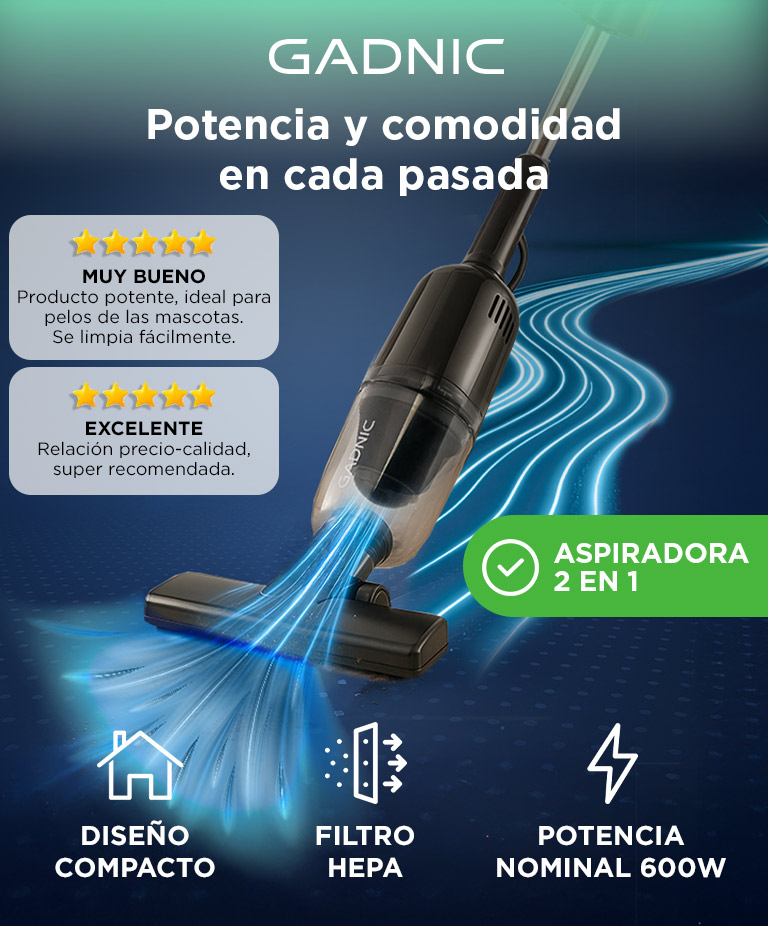 Aspiradora Gadnic 2 En 1 Vertical Y De Mano 600W 15Kpa Filtro HEPA Lavable Cable 5m Deposito 1L - Imagen 2