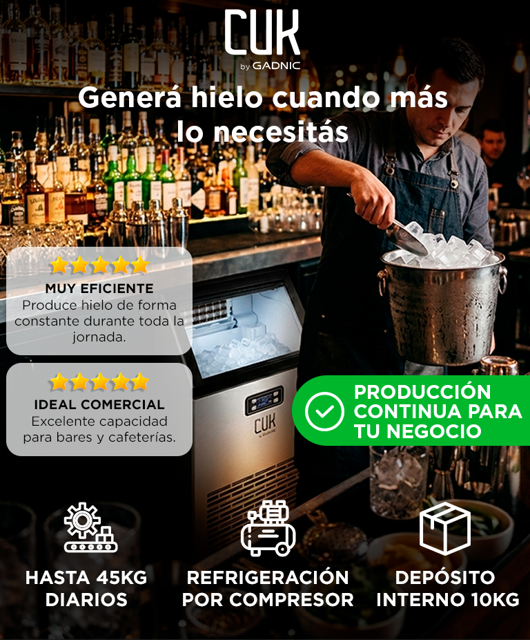 Máquina Fabricadora De Hielo Industrial Cuk By Gadnic 45 Kg Acero Inoxidable Con Depósito 10 Kg - Imagen 2