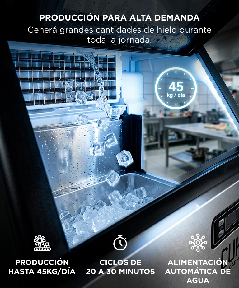 Máquina Fabricadora De Hielo Industrial Cuk By Gadnic 45 Kg Acero Inoxidable Con Depósito 10 Kg - Imagen 3