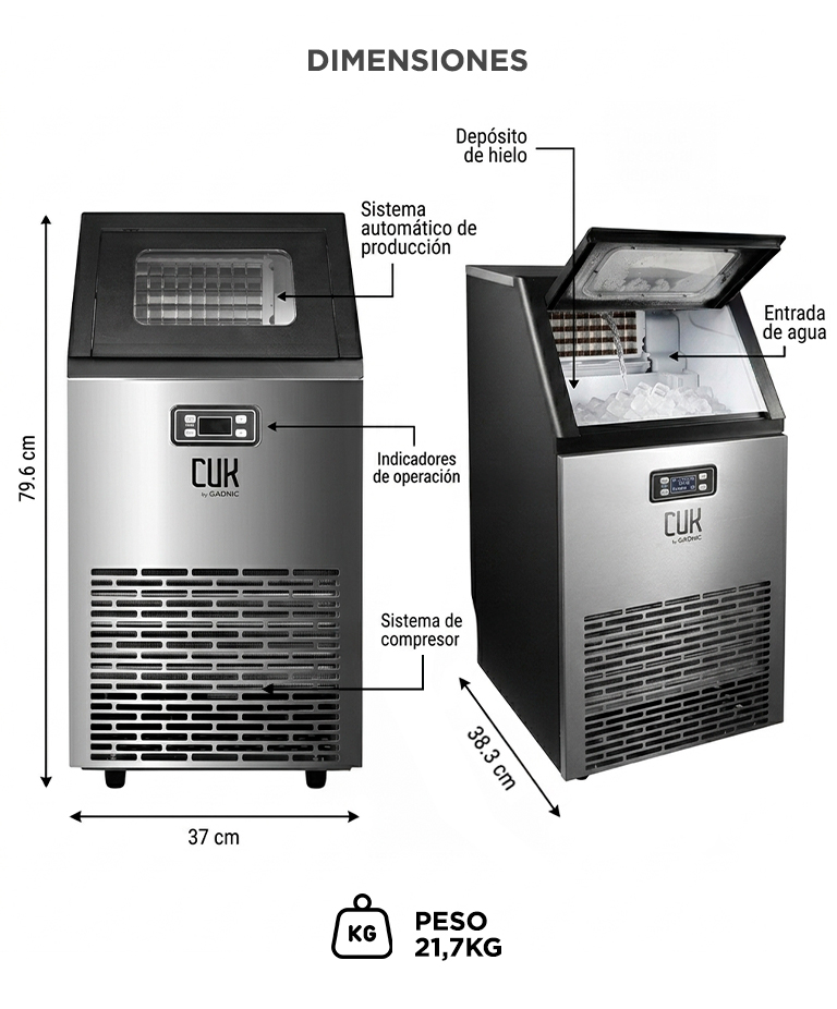 Máquina Fabricadora De Hielo Industrial Cuk By Gadnic 45 Kg Acero Inoxidable Con Depósito 10 Kg - Imagen 6