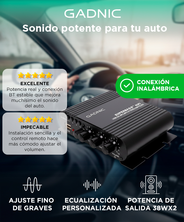 Amplificador BT Gadnic Para Auto Alta Potencia Con Conexion Inalambrica Control Remoto Para Sistema De Audio - Imagen 2