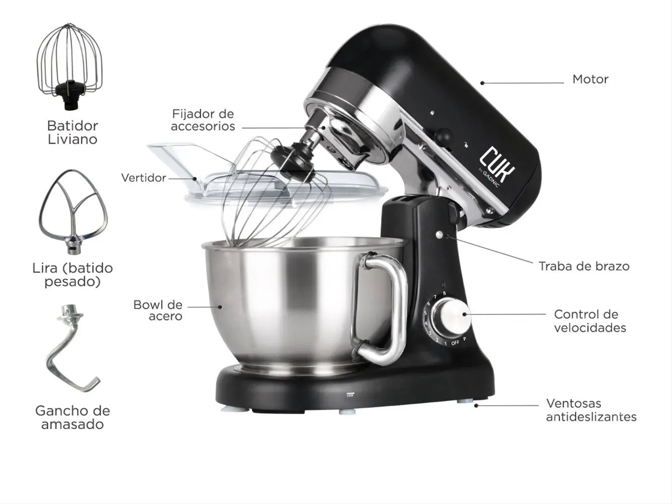 Batidora Planetaria Cuk By Gadnic B3050 1000w Bowl Acero Inoxidable 5lt 8 Velocidades - Imagen 5