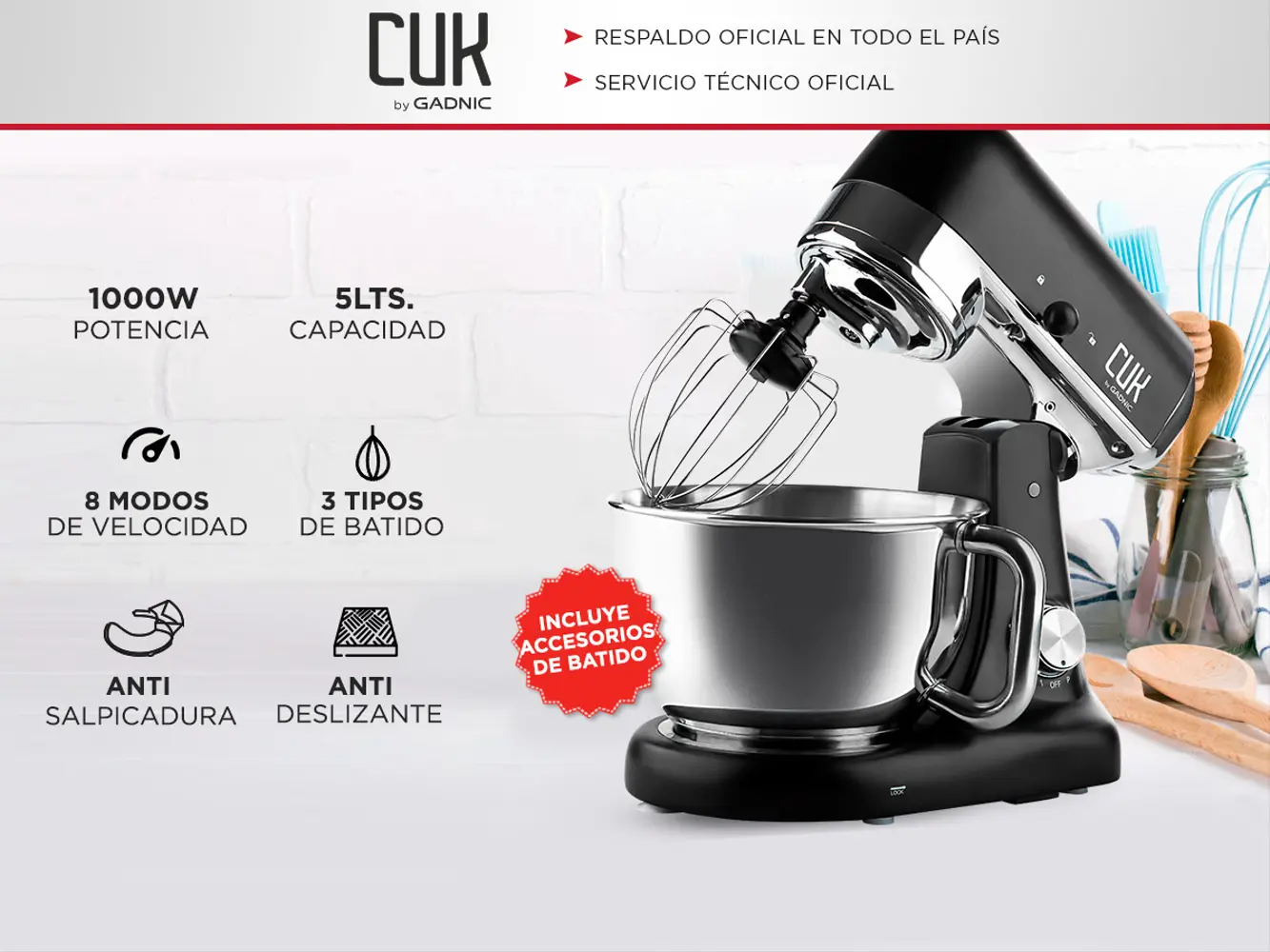 Batidora Planetaria Cuk By Gadnic B3050 1000w Bowl Acero Inoxidable 5lt 8 Velocidades - Imagen 2