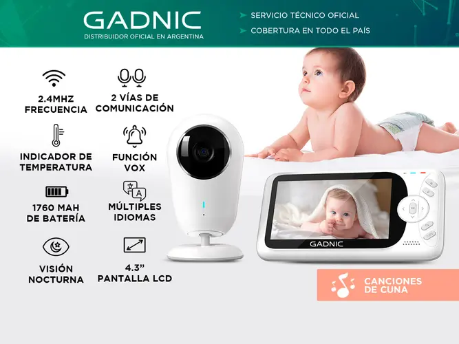 Baby Monitor Gadnic Visión Nocturna Pantalla LSD Audio Bidireccional Sistema VOX - Imagen 2